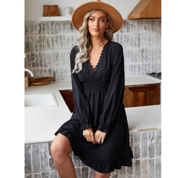 SHEIN Frenchy Swiss Dot Flounce Sleeve Guipure Lace Trim Shirred Dress L - Picture 6 of 14